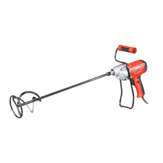 Red and silver 581001 850W ELECTRIC MIXER (SENCAN) with a long handle and mixing paddle