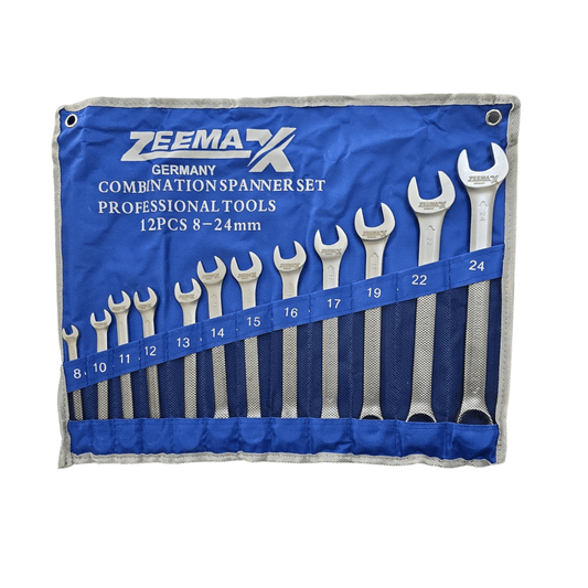 Combination Spanner Set 8-24MM (ZEEMAX) displayed in tool pouch, showing various spanner sizes for versatile use in repairs and maintenance.
