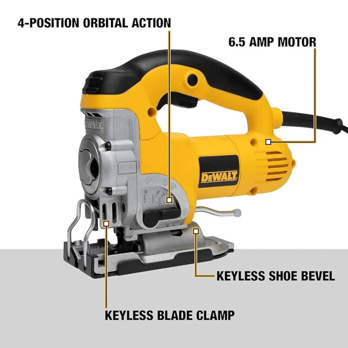 DW331K-B5 High Performance Jigsaw (DEWALT) showing 4-position orbital action and 6.5 amp motor with keyless shoe bevel and blade clamp features.