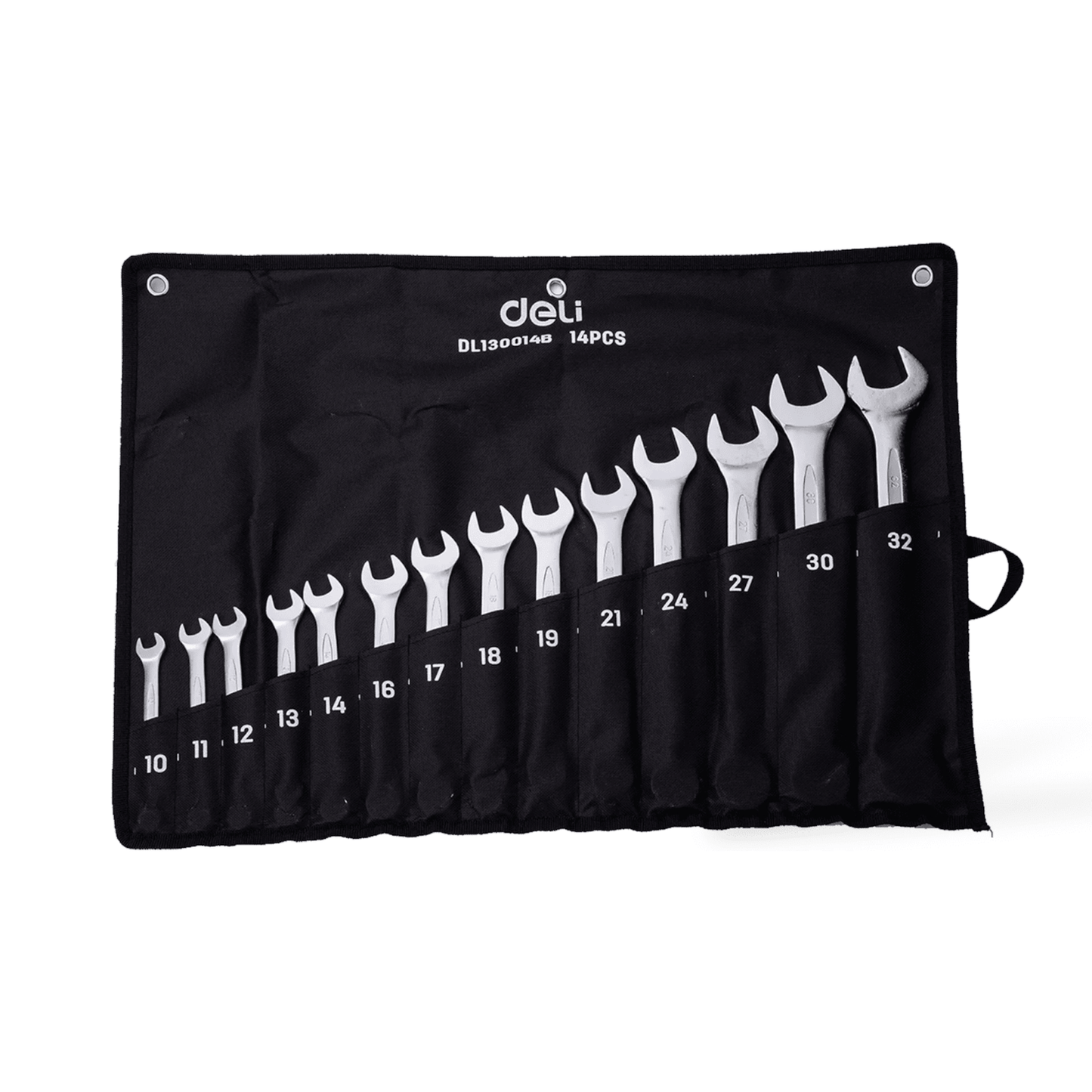 DL130014B Combination Spanner Set 14PCS 10-32MM (DELI) laid out in a black carrying case, showcasing the range of sizes.