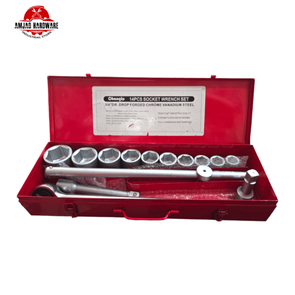 14PCS SOCKET SET 3/4″DR CL102814 (CHANGLU) in a red iron box, professional-grade toolkit for mechanics, technicians, and DIY enthusiasts.