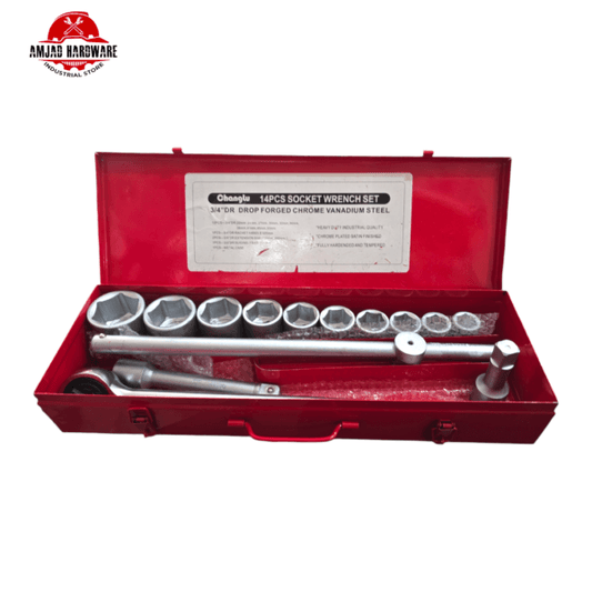 14PCS SOCKET SET 3/4″DR CL102814 (CHANGLU) in a red iron box, professional-grade toolkit for mechanics, technicians, and DIY enthusiasts.