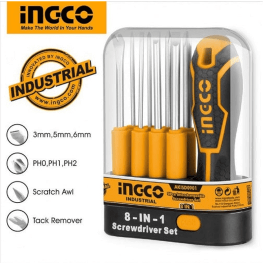 9 Pcs interchangeable screwdriver set AKISD0901(INGCO) in retail packaging with ergonomic handle and various bits.