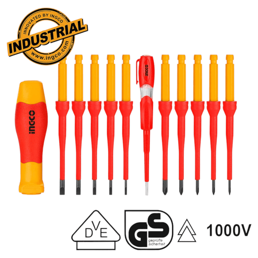 12 Pcs Interchangeable Insulated Screwdriver Set HKISD1201(INGCO), VDE-certified, 1,000V, versatile toolkit for professionals and DIY enthusiasts