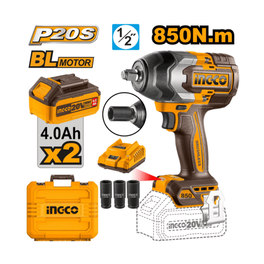 CIWLI2085 Cordless impact wrench Brushless motor Square drive:1/2″ (INGCO) with accessories showcasing BL motor and 850N.m torque.