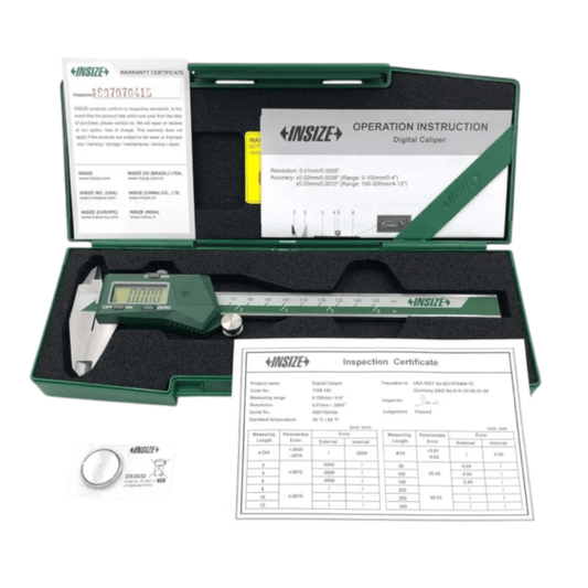 INSIZE Digital Vernier Caliper 6″ 1108-150 with case, LCD, and instruction manual for precise measurements.