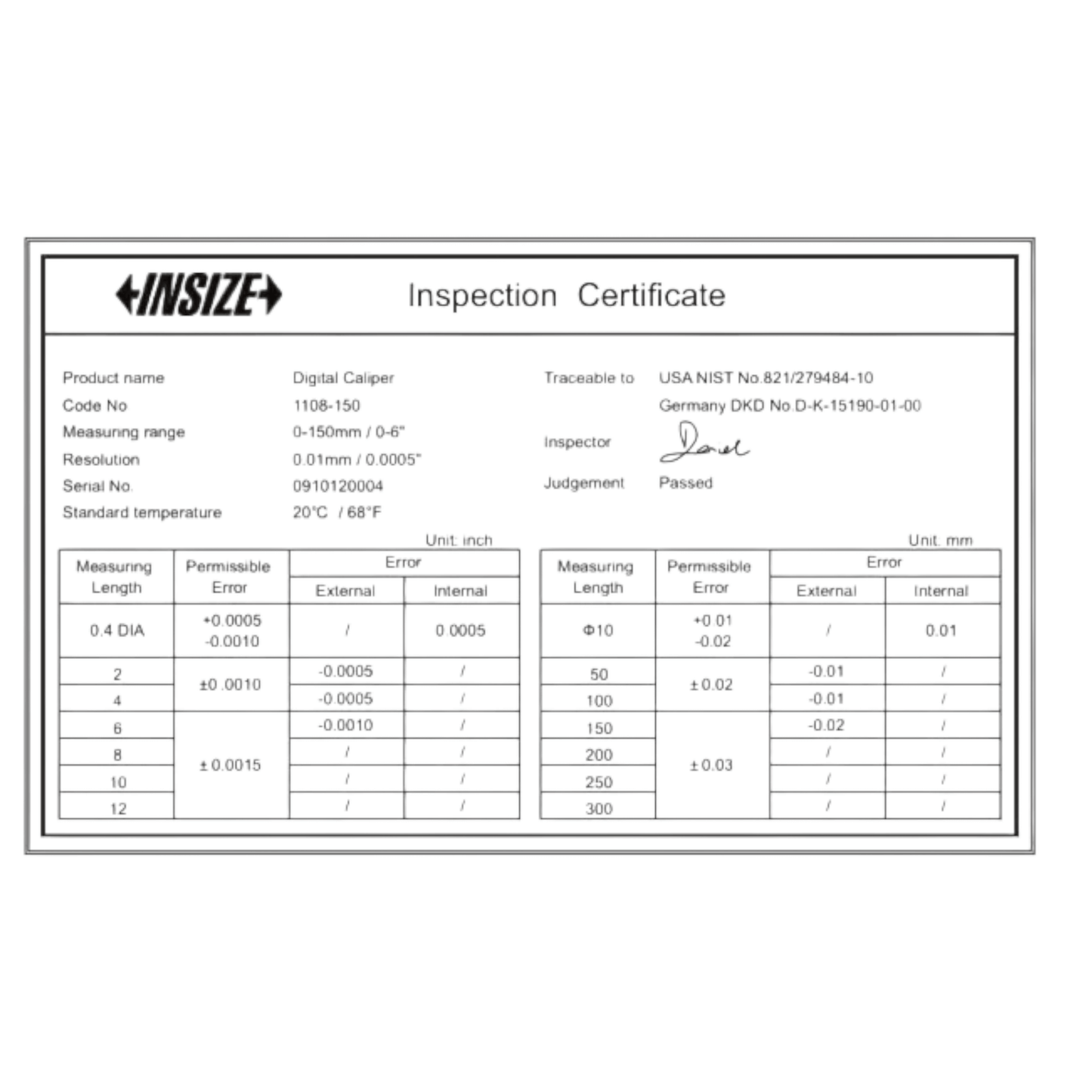 Digital Vernier Caliper 6″ 1108-150(INSIZE) inspection certificate showing detailed measurement specifications and calibration data.