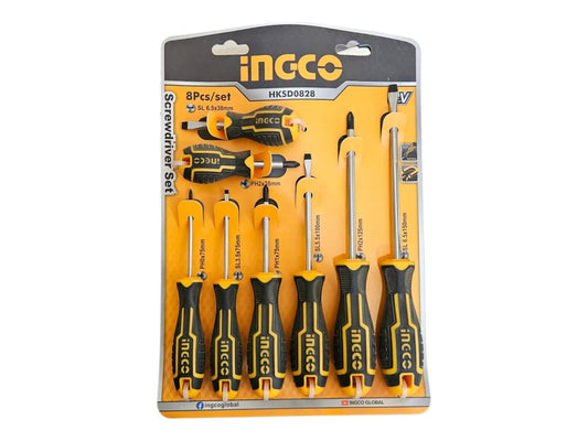 Ingco HKSD0828 Screwdriver 8-Pieces Set in packaging featuring precision tools for various fastening tasks.