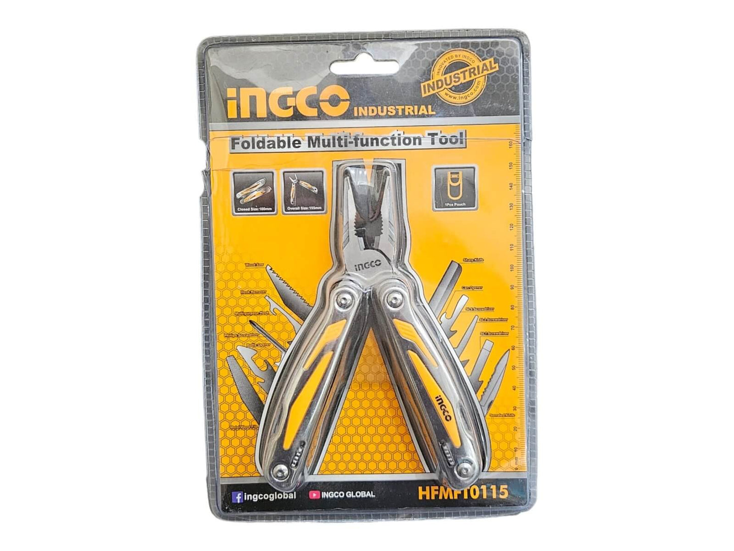 Packaging of Ingco HFMFT0115 Foldable Multi Function Tool (Multi Tool) [15 functions] showcasing its tools and portability features.