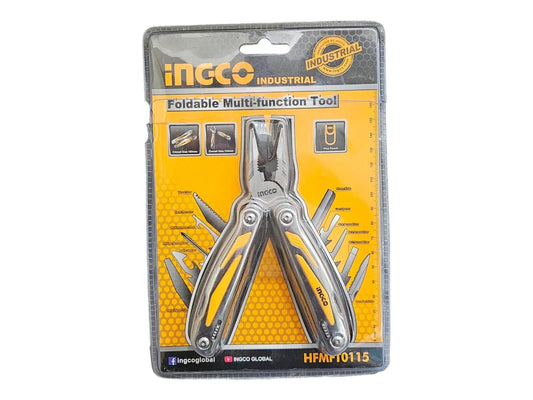 Packaging of Ingco HFMFT0115 Foldable Multi Function Tool (Multi Tool) [15 functions] showcasing its tools and portability features.
