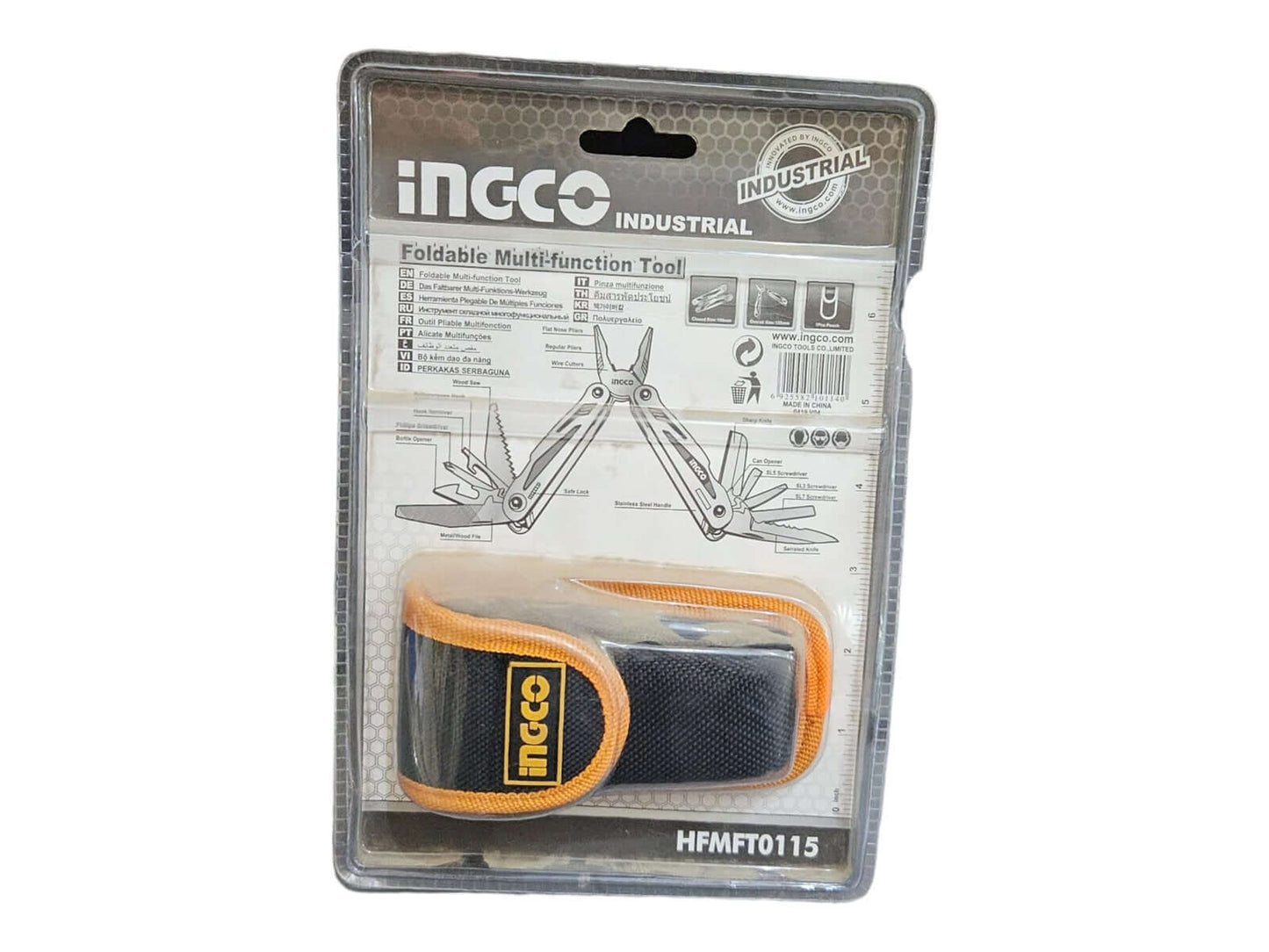 Packaging of Ingco HFMFT0115 Foldable Multi Function Tool (Multi Tool) [15 functions] in retail box with carrying pouch.