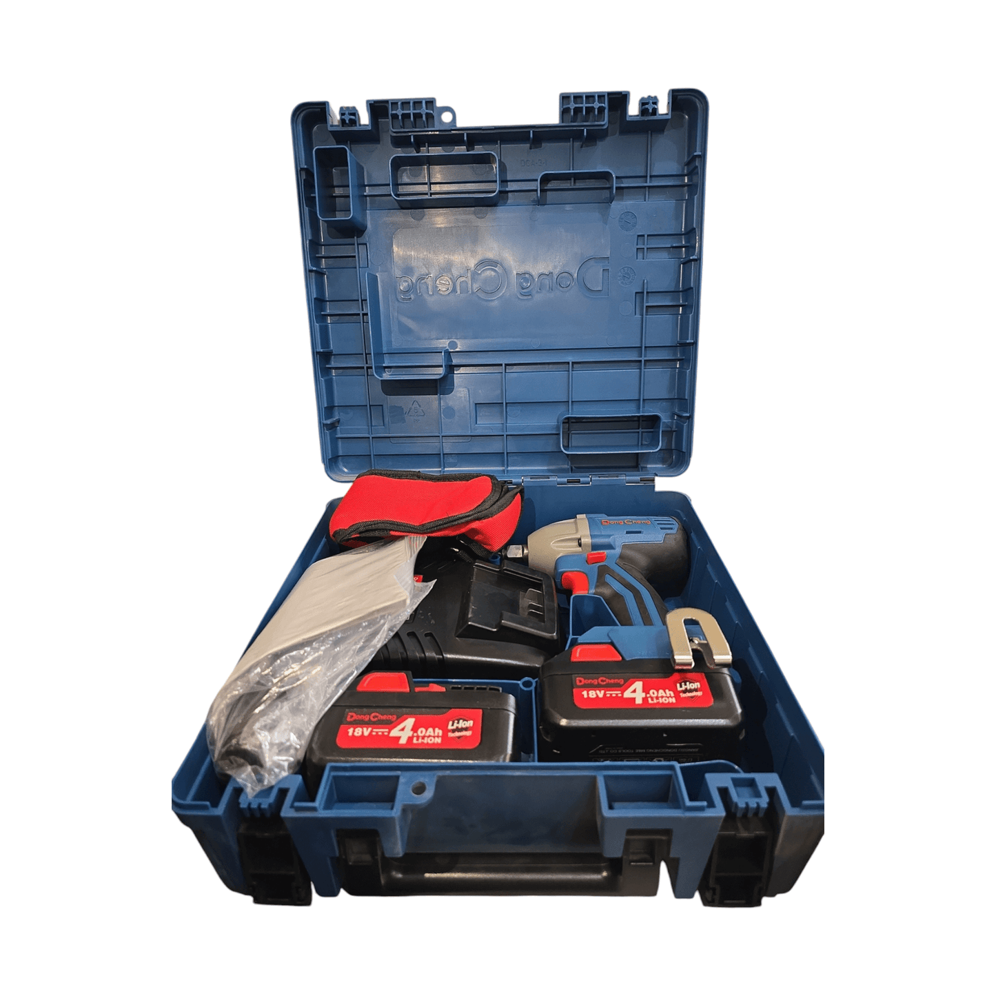 DCPB18E Cordless Impact Wrench 300N.m – 18V (DONG CHENG) in blue carrying case with accessories and lithium-ion batteries