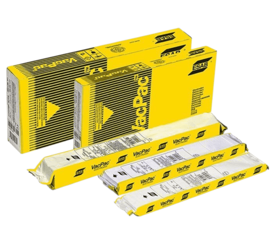 ESAB 7018 Welding Electrodes in packaging, premium low-hydrogen electrodes for high-strength, all-position welding, AWS classified.