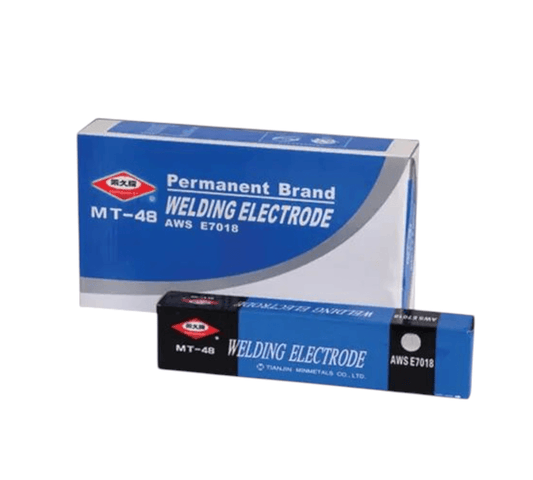 MT-48 Permanent Brand Welding Electrodes packaging showcasing AWS E7018 low-hydrogen rods for high-tensile steel applications.
