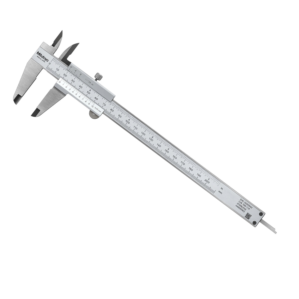 A metal digital caliper with a silver aluminum body and black measurement markings, shown diagonally on a plain white background.