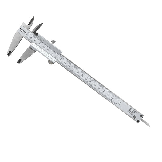 A metal digital caliper with a silver aluminum body and black measurement markings, shown diagonally on a plain white background.