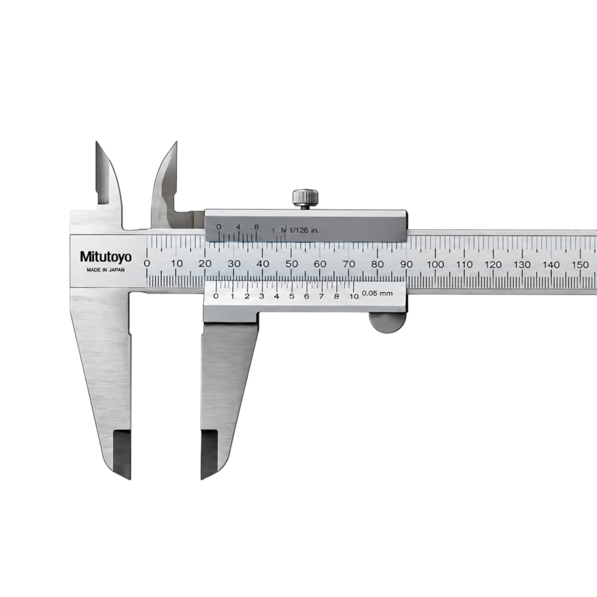 Mitutoyo digital caliper in brushed stainless steel, featuring a main scale of 0-150 mm and a secondary 10-000 mm scale, shown on a solid white background.