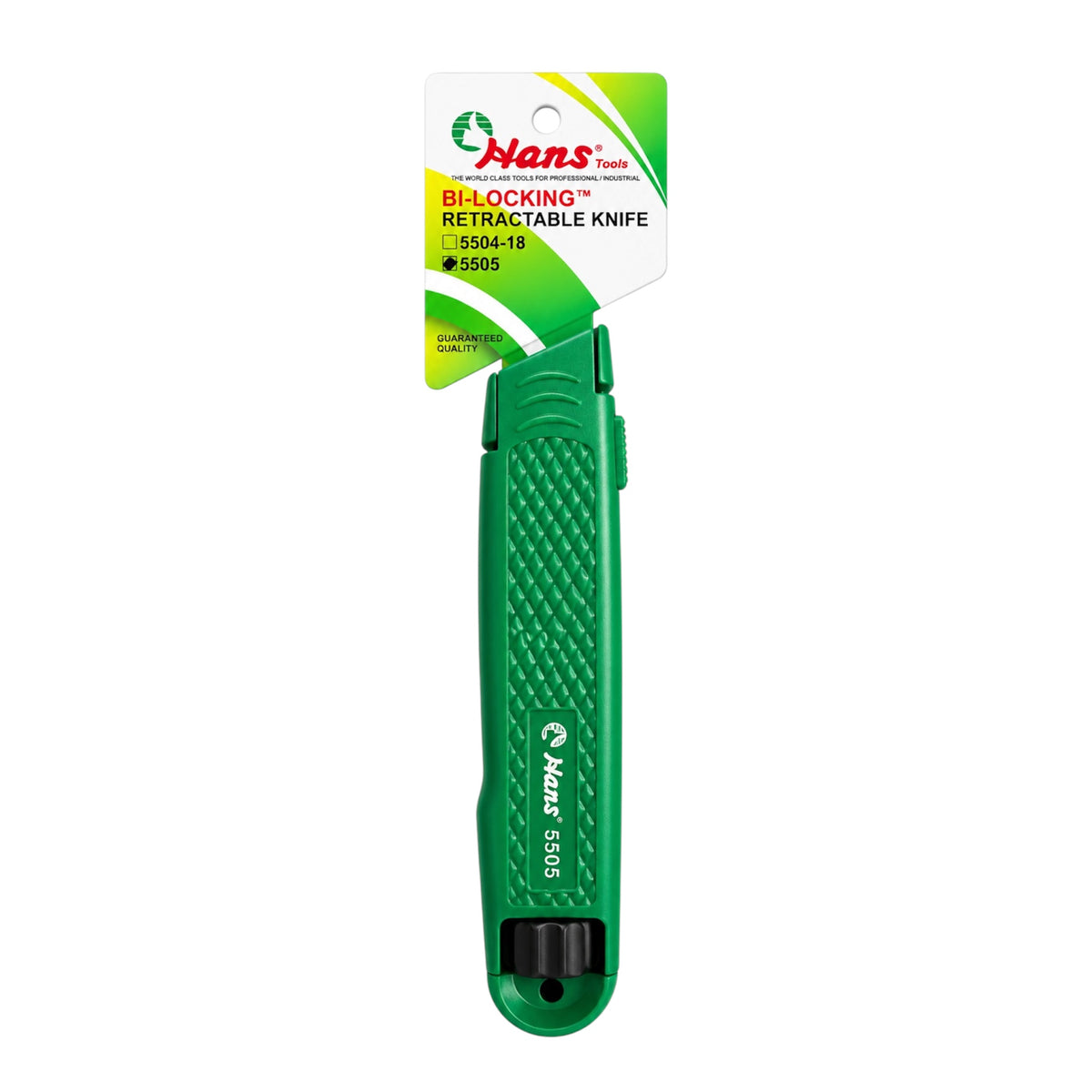 Hans Bi-Locking Retractable Knife in green with its original retail header card packaging, shown against a plain white background.