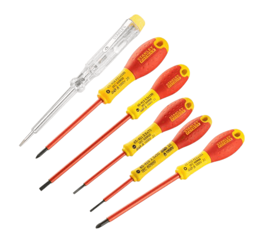 0-65-443 6Pcs Insulated Slotted Screwdriver Set (STANLEY) with premium VDE insulation for professional electricians
