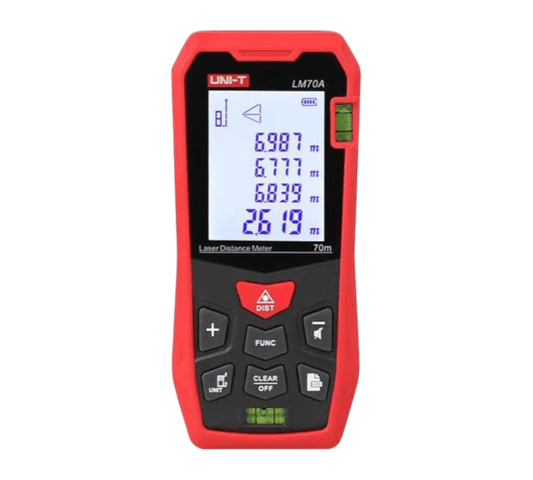 UNI-T LM70A laser distance meter with digital screen displaying measurements in meters.