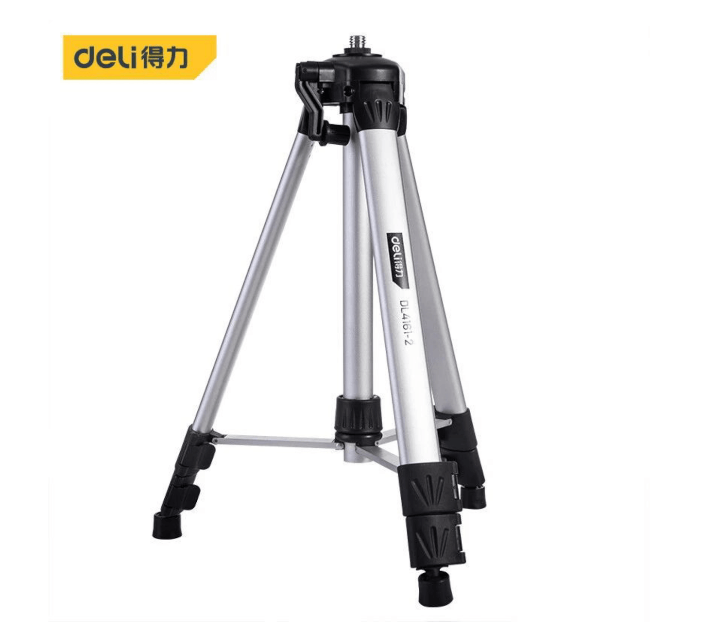 DL4161-2 Laser Level Tri Pod Stand (DELI) shown with adjustable aluminum legs and a built-in level vial for precise measurements.