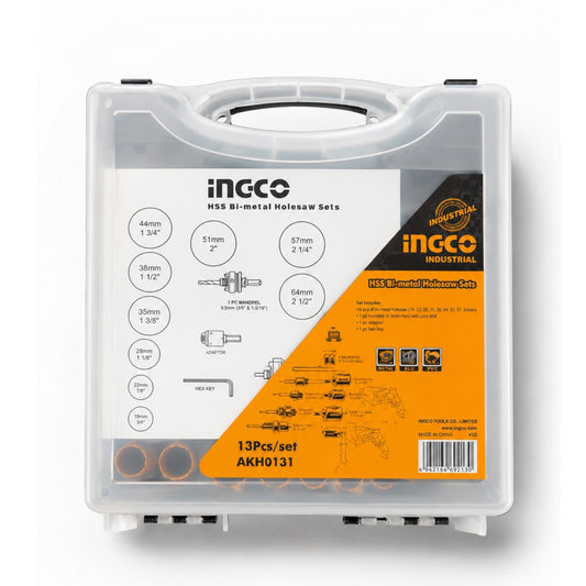 A clear plastic carrying case containing an INCCO HSS Bi-metal Holesaw Sets kit, with a white and orange front label showing product details and specifications.