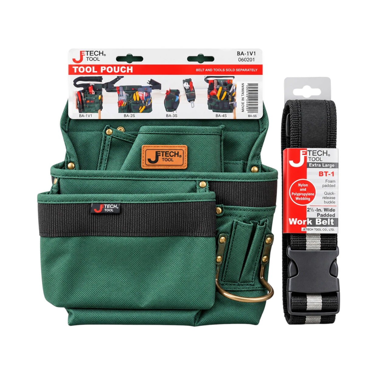 A green JTECH tool pouch with black straps and brass hardware, shown with its retail header card and a separate packaged black work belt on a white background.