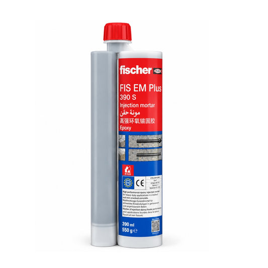 A tube of fischer FIS EM Plus 390 S Injection Mortar (epoxy) standing next to a translucent gray cylinder, on a clean white background.