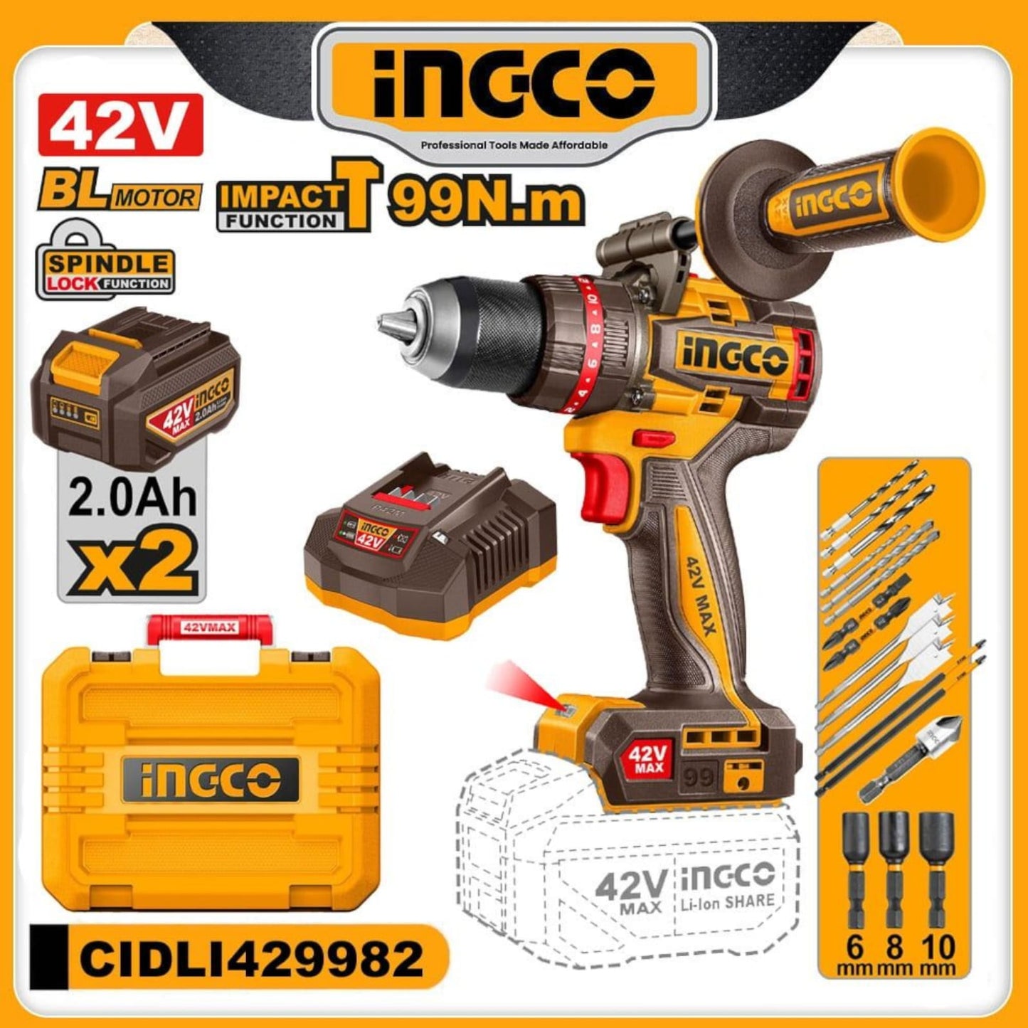CIDLI429982 42V BRUSHLESS  CORDLESS IMAPACT DRIL 99N.M INGCO
