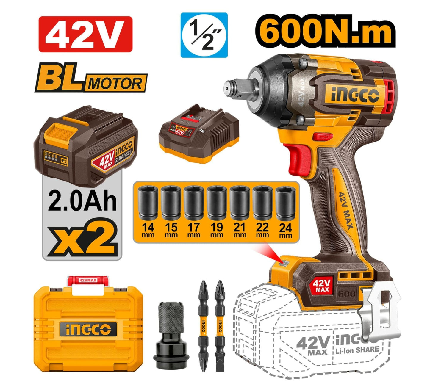 CIWLI42602 Cordless Impact Wrench 42V 1/2" INGCO