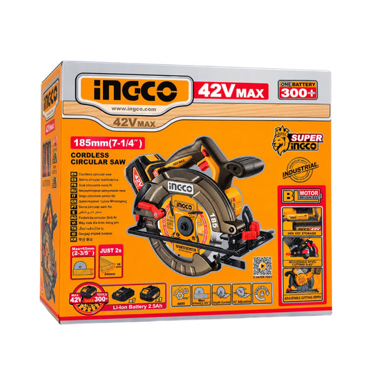 INGCO 42V MAX cordless circular saw retail packaging box, featuring a large illustration of the circular saw on a bright orange and white background with product features and specifications.