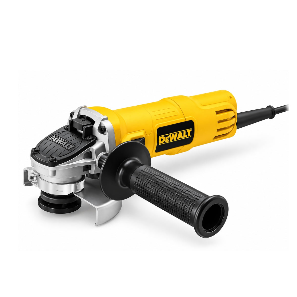 A DeWalt angle grinder with a yellow and black body, silver metal housing, and a black textured handle, shown on a clean white background.