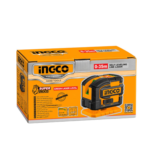Incco green laser level box packaging, featuring a bright orange and yellow design with a photo of the black and orange laser level device on the front.