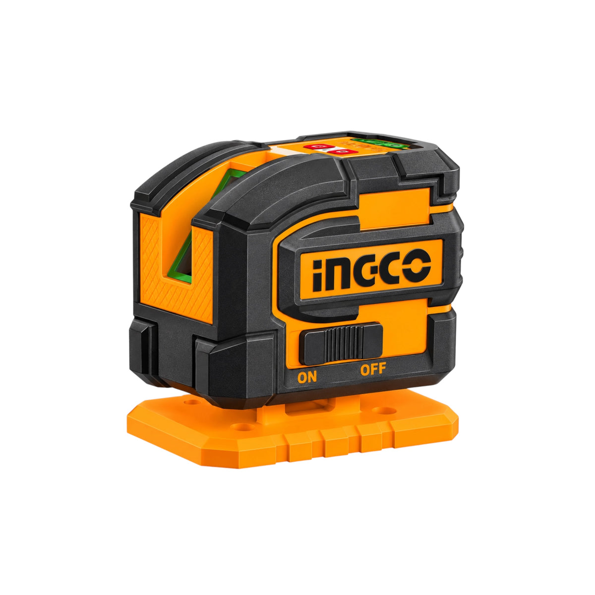 An INCCO laser level device in black and orange, resting on its orange base against a solid white background.