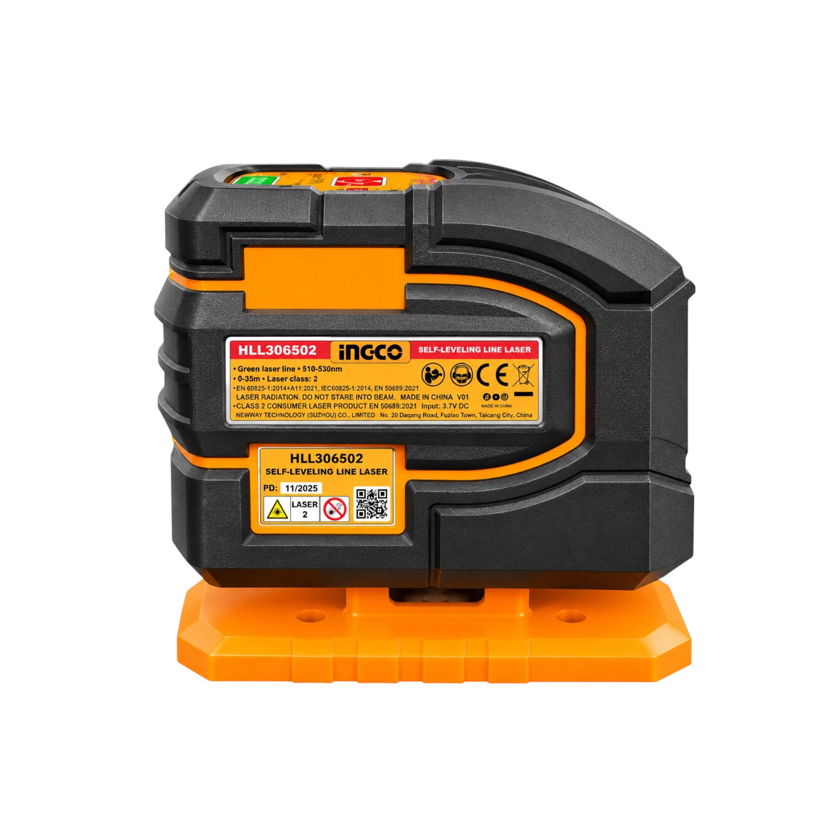 An Ingco HLL-30E502 3-axis leveling line laser unit in black and orange, shown resting on its orange base against a solid white background.