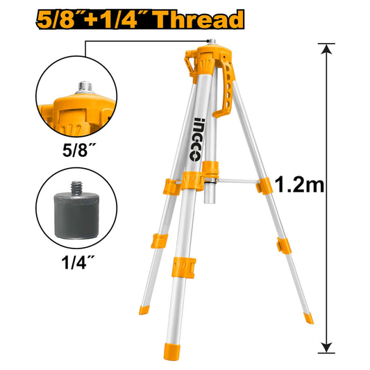 A silver and orange tripod with text indicating 5/8"+1/4" thread, shown on a white background with dimension labels and circular detail insets of the threaded base and foot cap.