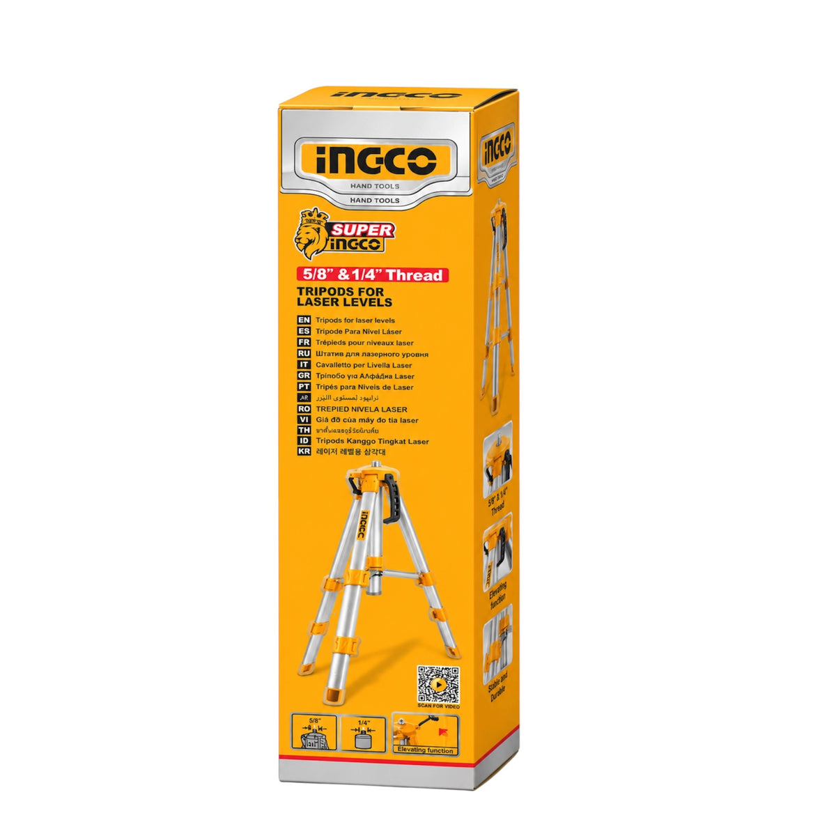 A tall yellow NGCCO Super Ingeo tripod box for laser levels, featuring product details, specifications, and a printed illustration of the silver and yellow tripod on a white background.