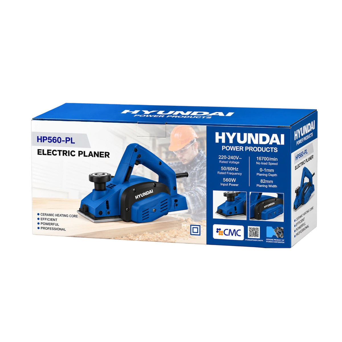 Hyundai HP560-PL Electric Planer retail packaging box, featuring a blue and white design with product specifications and a photo of the blue and black tool.