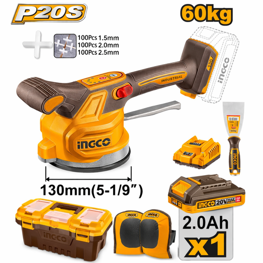 Ingco CTVLI20015 20V Cordless Tile Installation Vibration Machine with accessories, showcasing its 60KG load capacity.