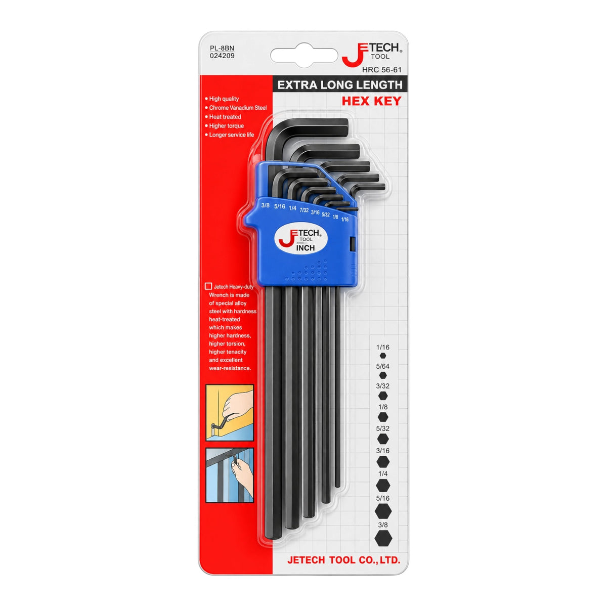 JETECH brand extra long length hex key set in retail blister packaging, containing 7 sizes from 2mm to 10mm in black metal with a blue handle holder.
