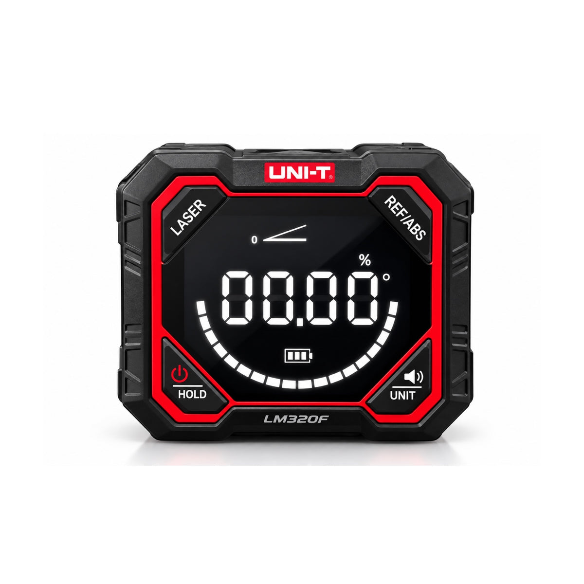 A rugged black handheld electronic device with a red border and a large black display screen showing digital readouts, branded with the UNIT logo at the top.
