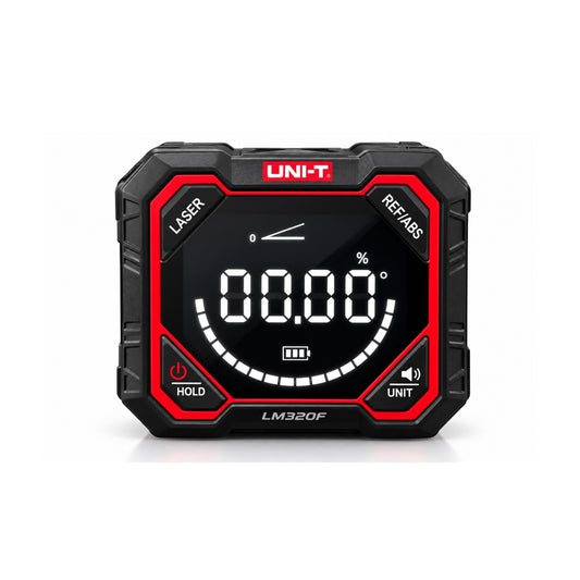 A rugged black handheld electronic device with a red border and a large black display screen showing digital readouts, branded with the UNIT logo at the top.