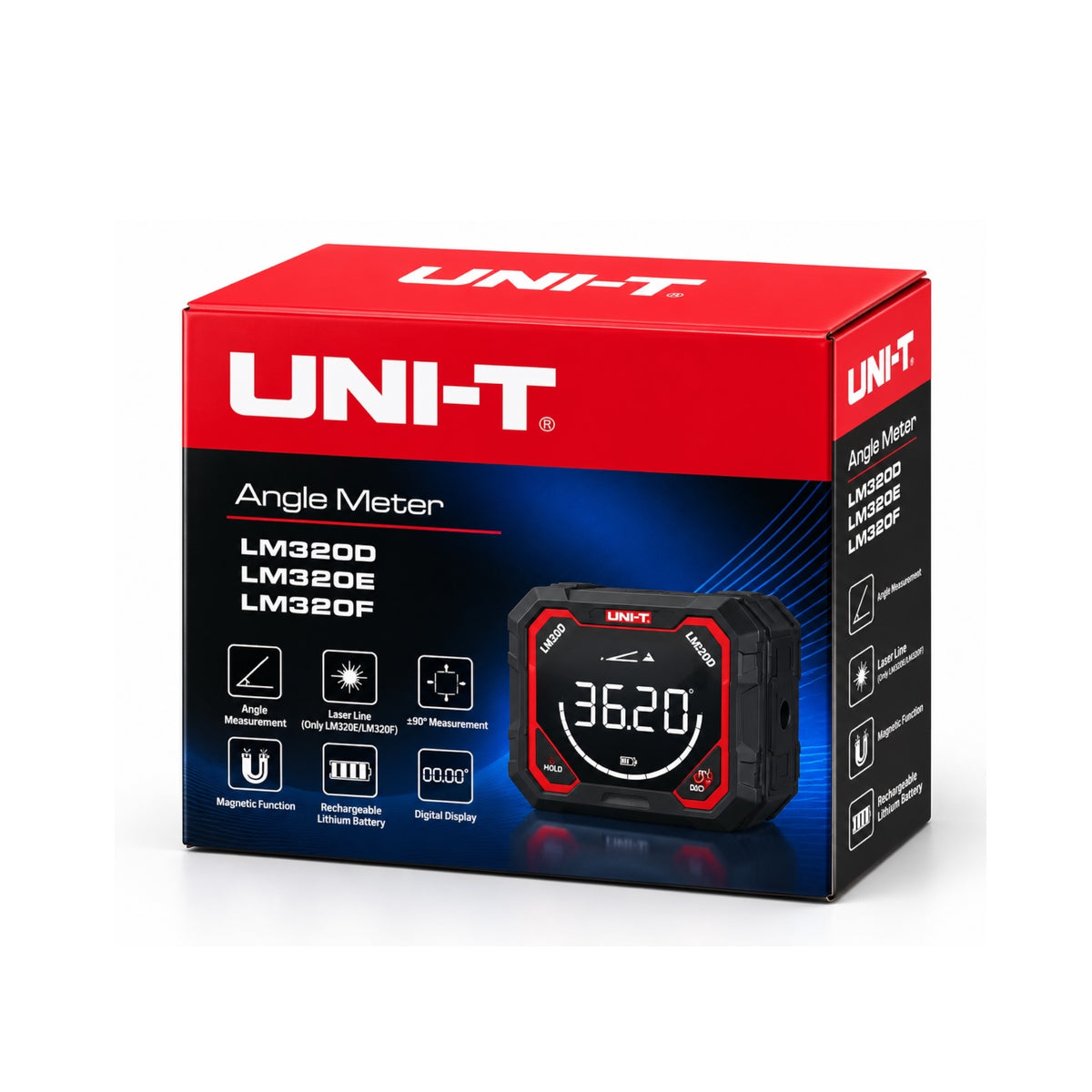 A retail box for a UNI-T Angle Meter, featuring a red and black design with product specifications and a graphic of the digital angle meter device on the front.