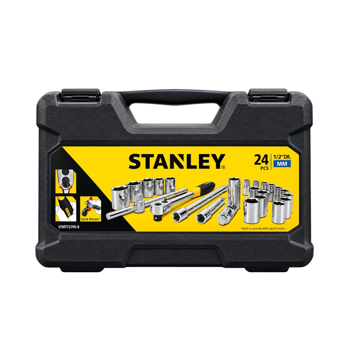 Stanley 24-piece 1/2-inch drive socket set in a black plastic carrying case with a yellow and black front label.