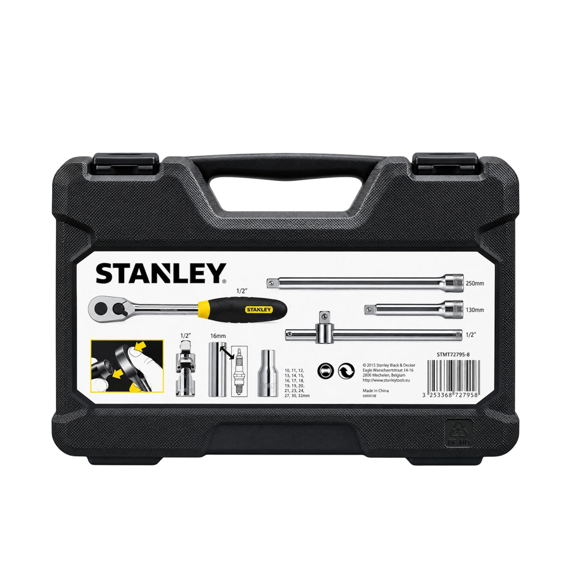Stanley socket wrench set in a black plastic carrying case, shown against a plain white background. The case features a large white label with product illustrations and the Stanley brand name.