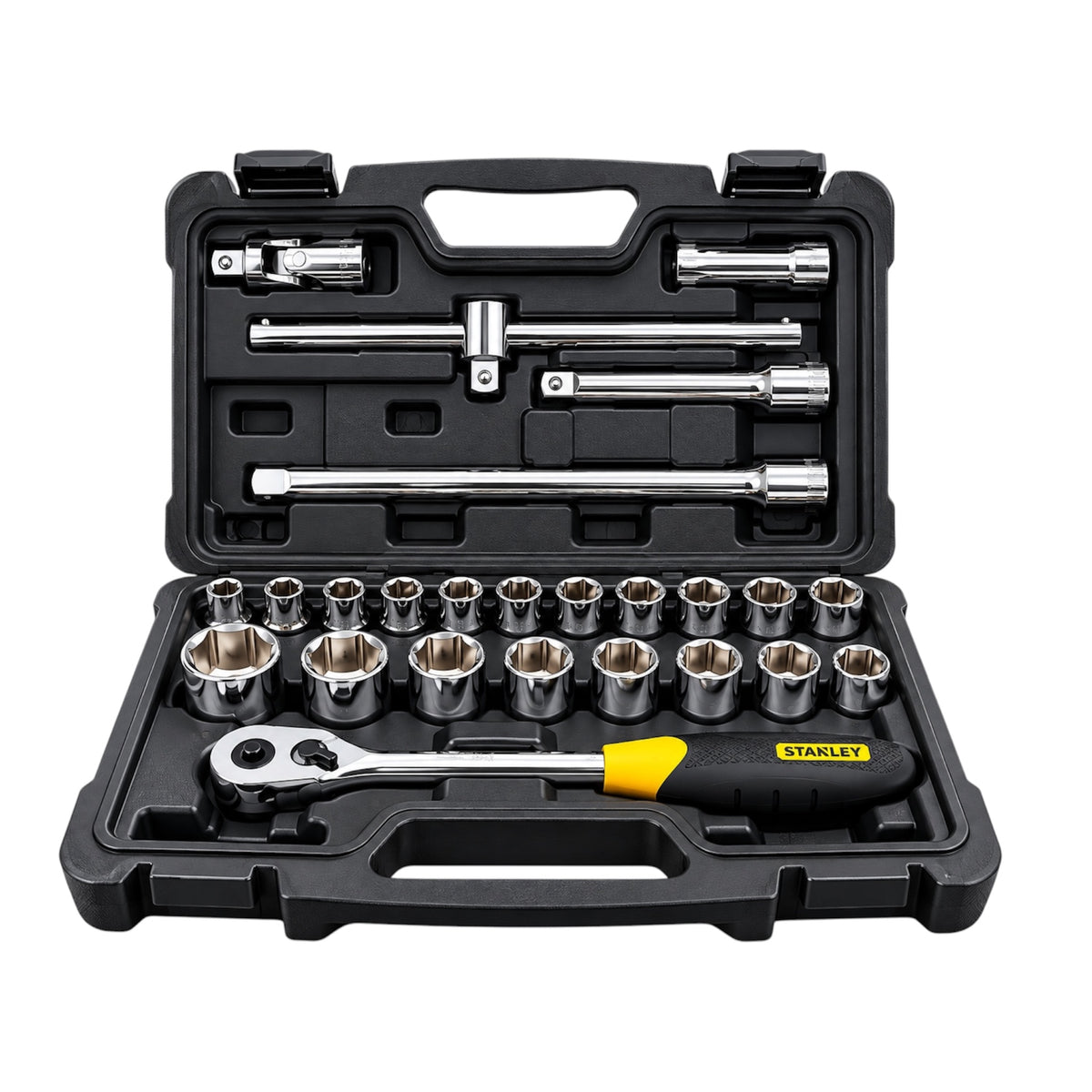 A Stanley socket set in an open black plastic case, featuring chrome sockets, extension bars, a ratchet with a yellow and black handle, and other hand tools on a white background.