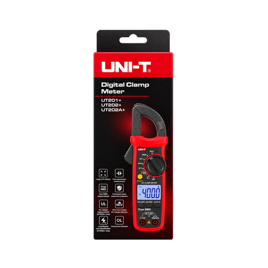 UNI-T digital clamp meter in its original retail packaging, featuring a red and black clamp meter with a blue LCD screen, set against a plain white background.