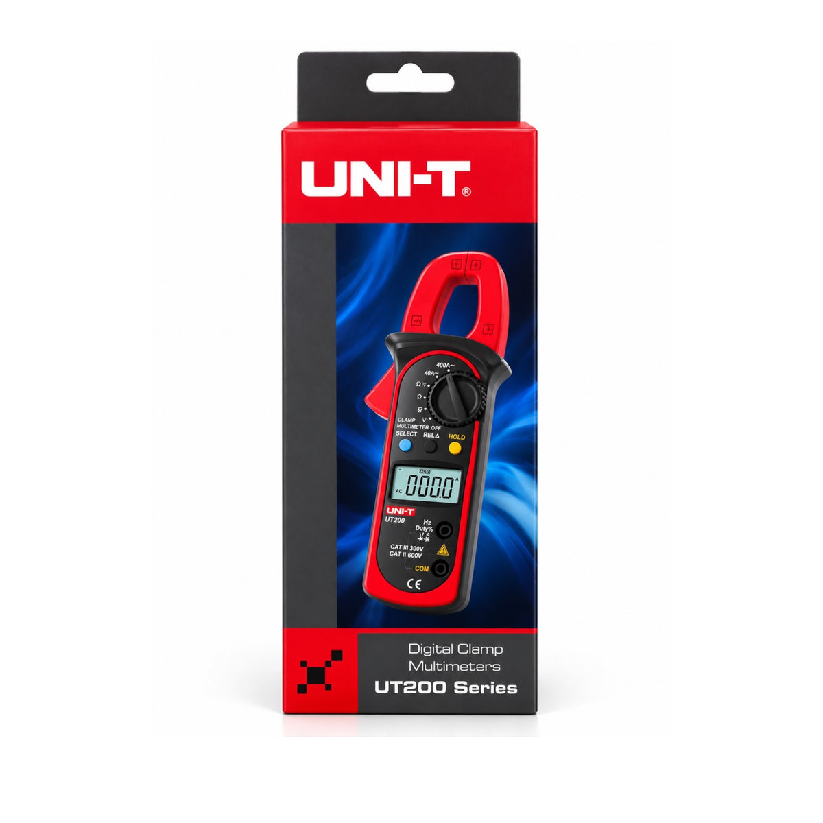UNI-T UT200 Series digital clamp multimeter in its original retail packaging, featuring a red and black clamp meter pictured on the box against a white background.