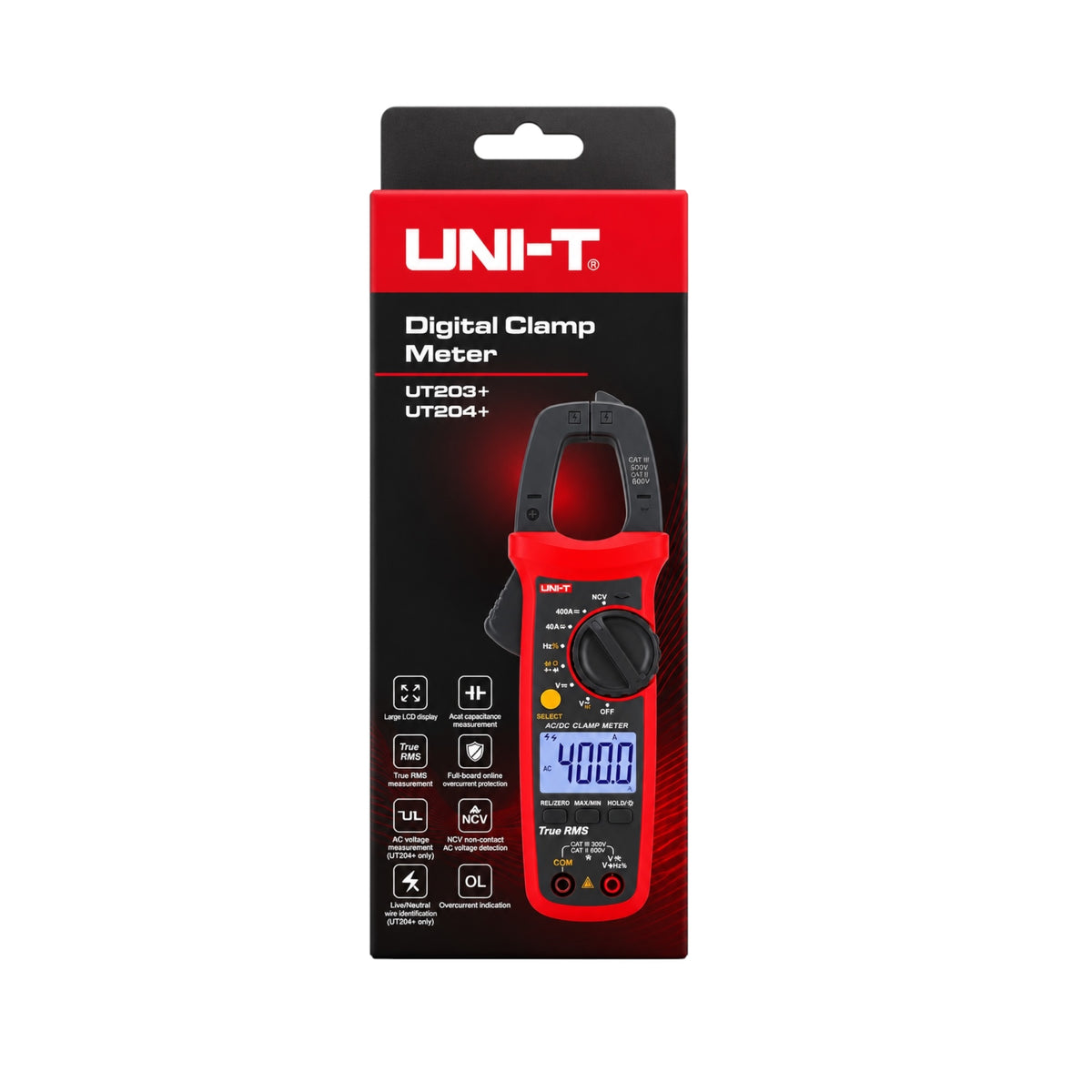 A UNI-T digital clamp meter in its retail packaging, featuring a red and black clamp meter pictured on a black and red box.