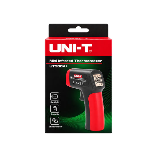 A retail box for a UNI-T Mini Infrared Thermometer UT300A, featuring a red and black thermometer graphic on a black and red package with green accents.